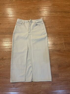 PAIGE Light Beige Straight Denim Midi Skirt with Front Slit